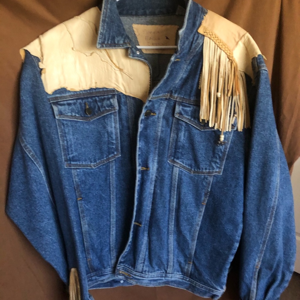 One of a kind Men’s denim jacket with leather trim
